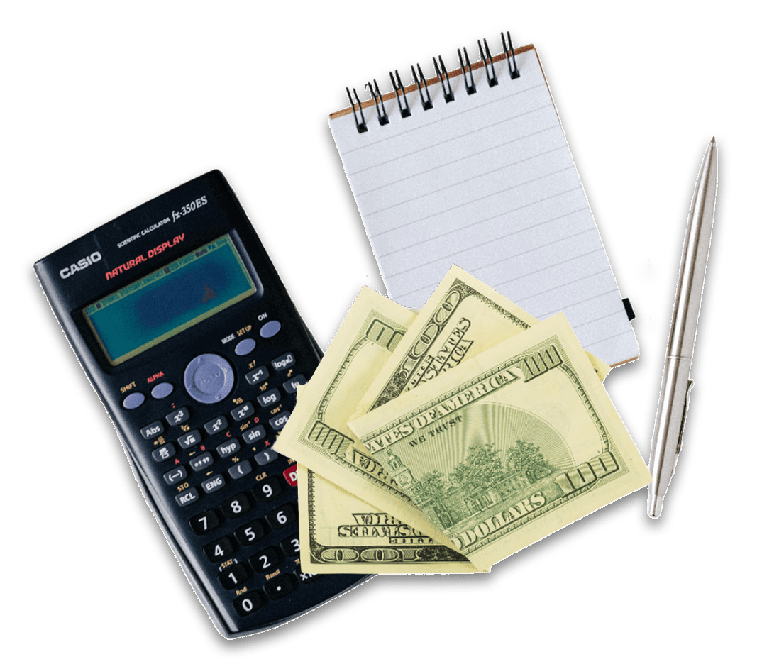 calculadora, bloco de notas e dinheiro